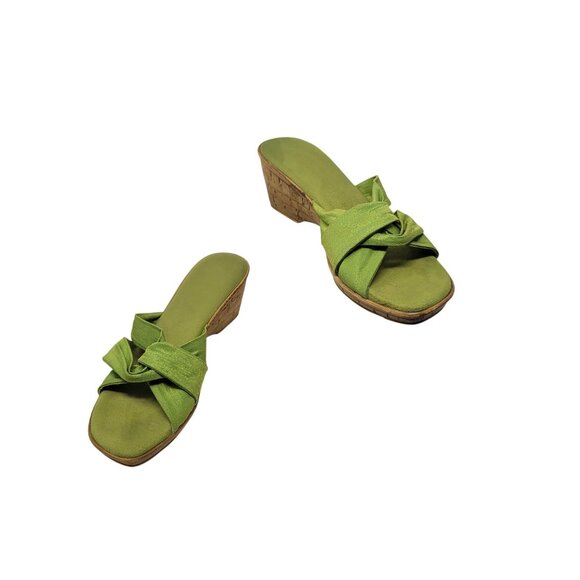 Vtg Handmade Italian Lime Green Vegan Wedge Sandals Sz 10 Knotted Open Toe Resor - Picture 10 of 10